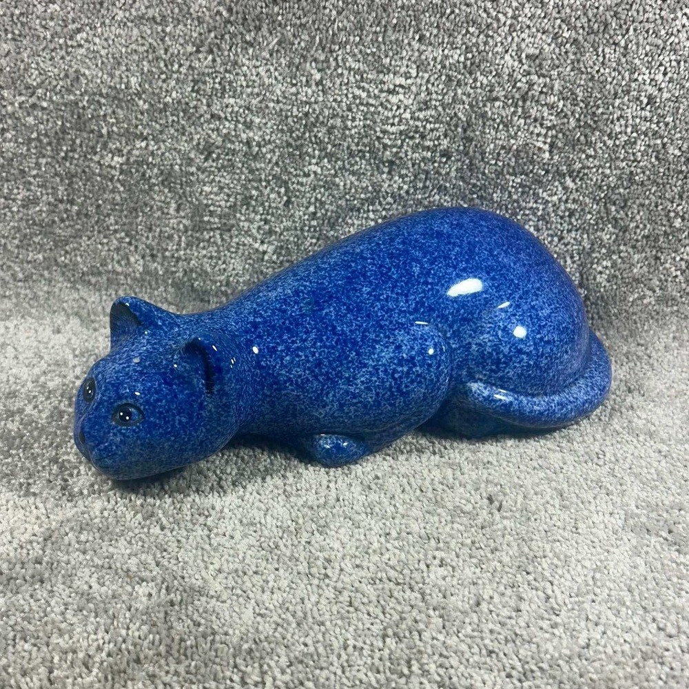 Calico China Cat Couching Figurine Blue Spongeware Ceramic Feline Decor
